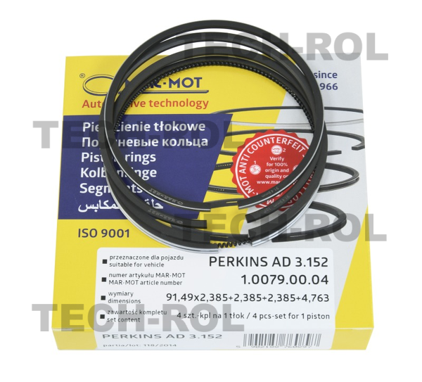 Komplet pierścieni tłokowych silnika, Nominał, fi 91,49 mm ,4- szt. na komplet, do  MF-3, AD3.152 41158065, 10079.0004 MAR-MOT Września