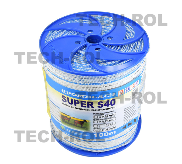 Taśma biało-niebieska SUPER S-40mm 100mdo ogrodzenia elektrycznego; sk. 105-020-012 Pomelac