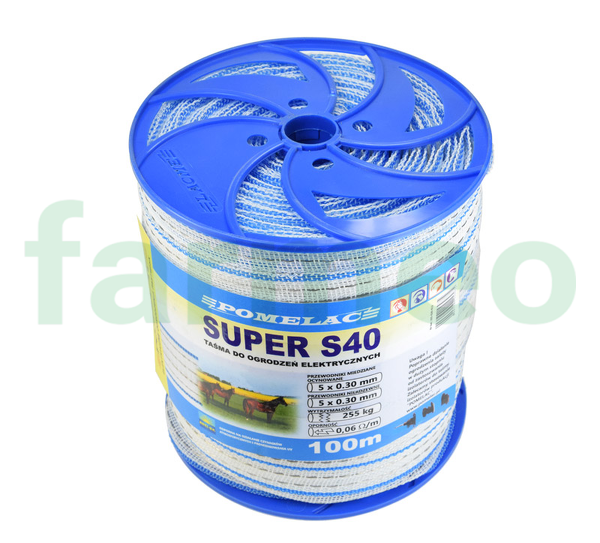 Taśma biało-niebieska SUPER S-40mm 100mdo ogrodzenia elektrycznego; sk. 105-020-012 Pomelac