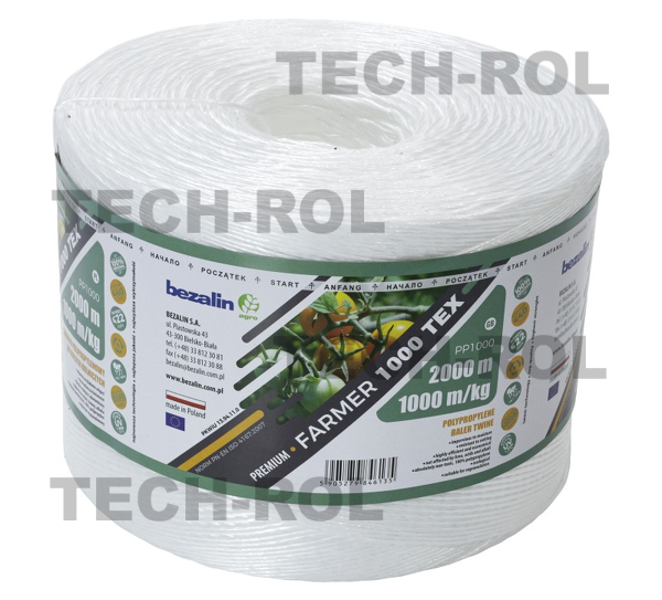 Sznurek do pras rolniczych PP biały 2000 m, 2 kg, 1000 m/kg, TEX 1000, szpula mała, 1 szt.; Tex-1000 Bezalin