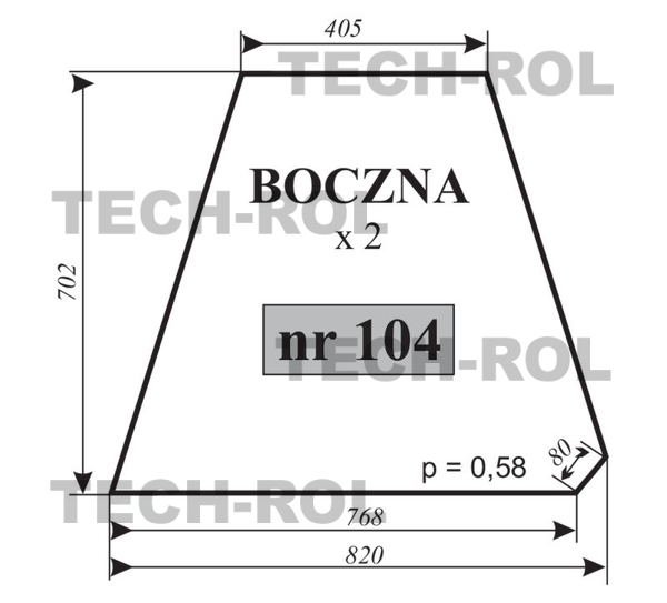 Szyba boczna768mm/405mm/702mm do Ursus C-360 (A) 104 Hartownia Krotoszyn