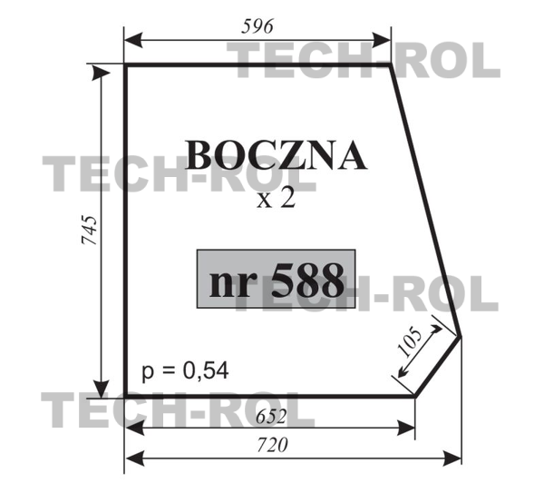 Szyba boczna652mm/596mm/745mm do Ursus C-330 (A) 588 Hartownia Krotoszyn